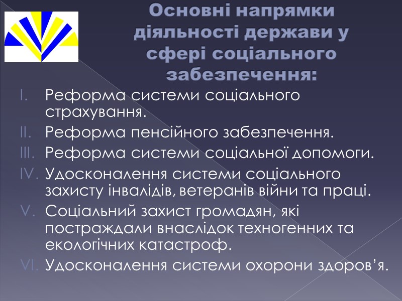 Основні напрямки діяльності держави у сфері соціального забезпечення:  Реформа системи соціального страхування. Реформа
